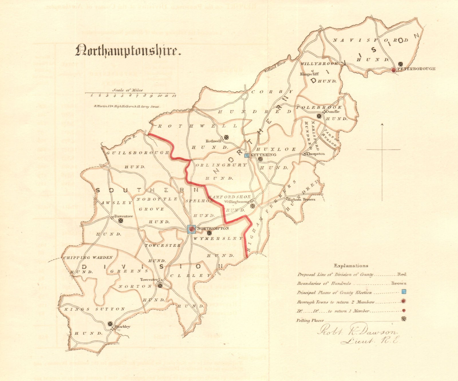 Northamptonshire county map. Divisions boroughs electoral REFORM ACT.DAWSON 1832